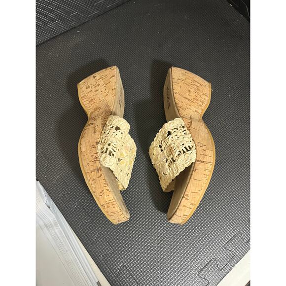 Y2K 2000s Mudd cream cork wedge sandals iridescent sequin flower embroidered 10 - Picture 6 of 9